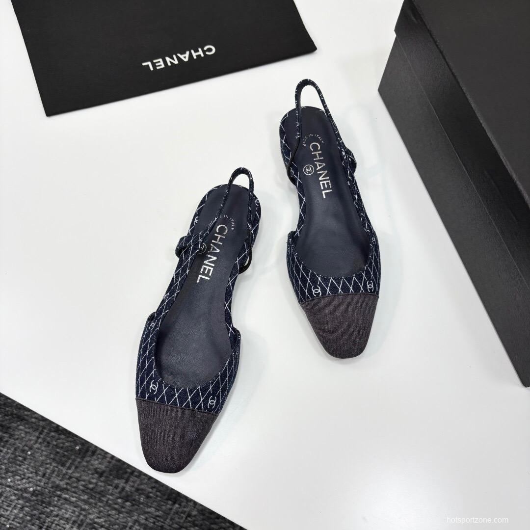 2025 Women Chanel Navy Blue Grey Fabric Leather Slingback LY00000