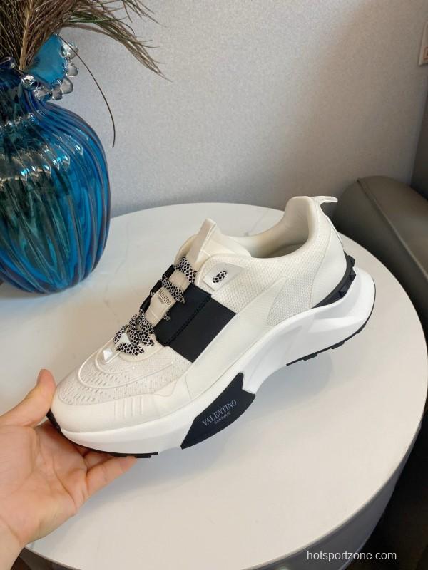 2024 Unisex Valentino White Black Leather Mesh Sneakers 