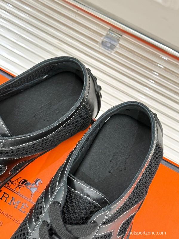 2025 Women Hermès Black Mesh Leather Sneakers