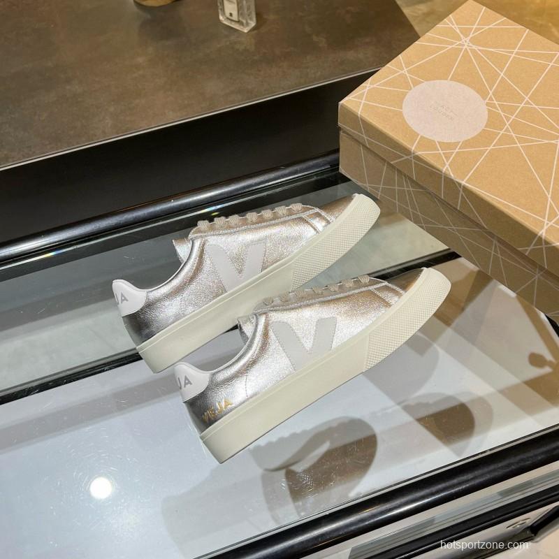 2025 Unisex VEJA Silver Leather Canvas Vulcanized Sneakers MJ00240