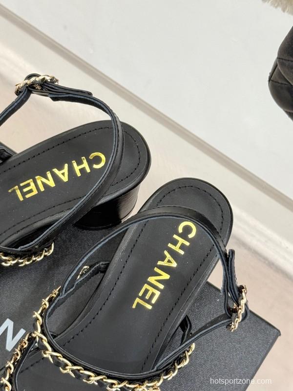 2025 Women Chanel Black Leather Sandals Chain KFY00270