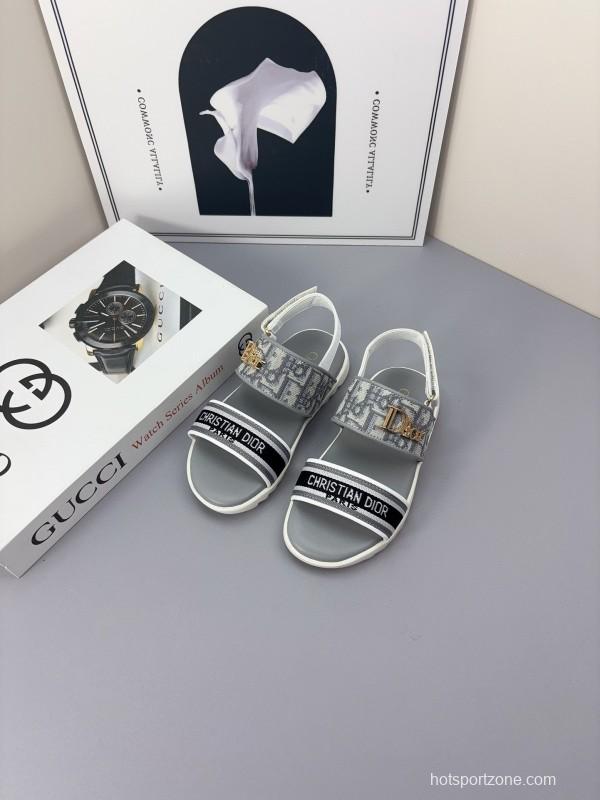 2025 Kids Dior Gray Black Canvas Leather Sandals