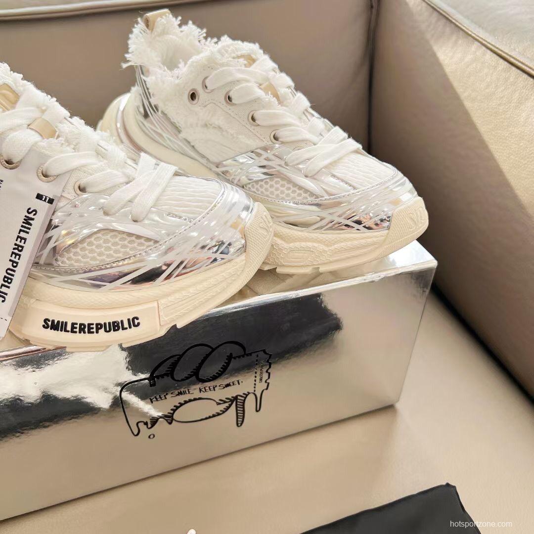 2025 Unisex Smilerepublic White Silver Mesh Leather Fur Sneakers