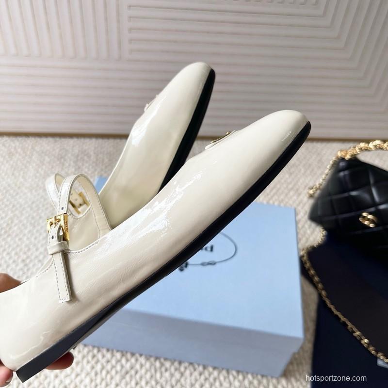 2025 Women Prada White Patent Leather Mary Jane Flat Shoes