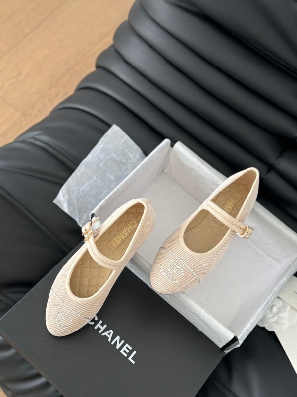 2025 Women Chanel Beige Fabric Mary Jane Embroidery LY00280