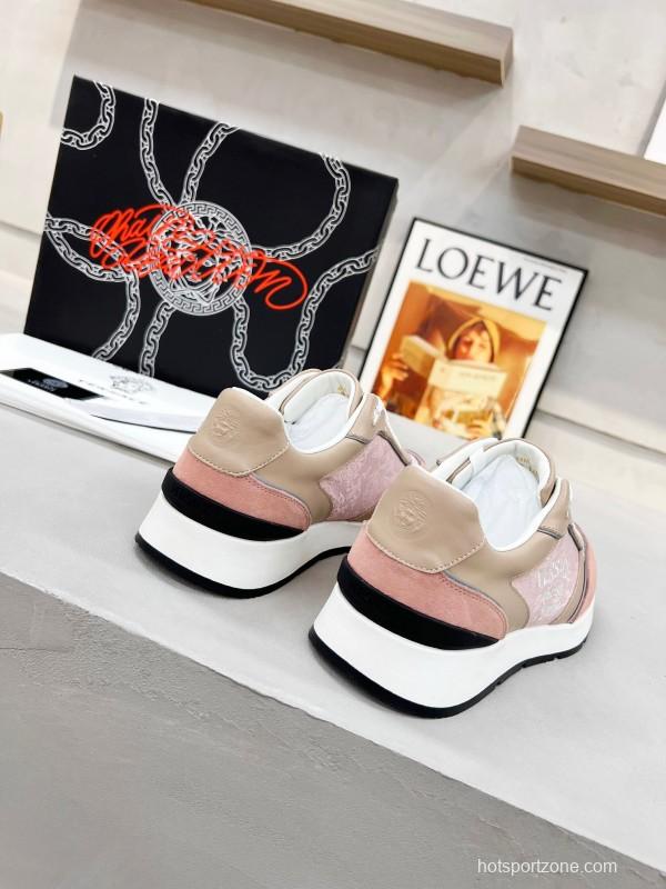 2025 Women VERSACE Pink Beige Suede Leather Sneakers Embroidery LY00320