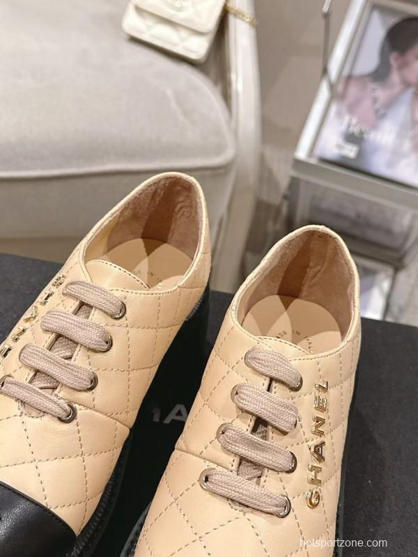 2025 Women Chanel Beige Black Leather Platform Oxford B2099