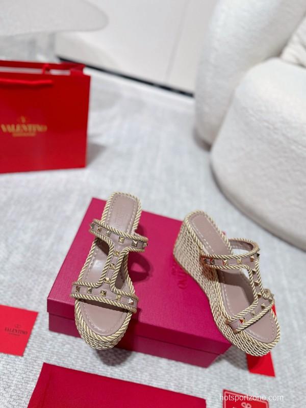 2025 Women Valentino Beige Rope Leather Wedge Sandals LY00290