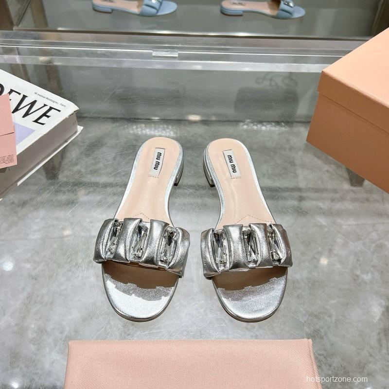 2025 Women Miumiu Silver Metallic Leather Slippers