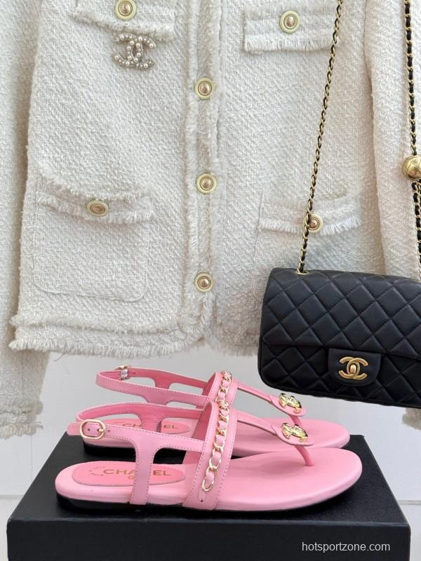 2025 Women Chanel Pink Lambskin Sandals CC Logo KFY00250