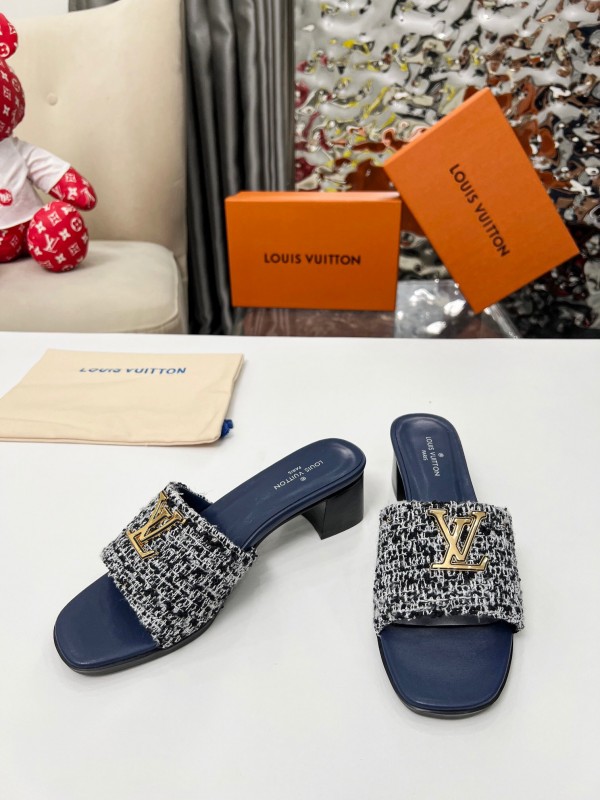 2025 Women Louis Vuitton Navy White Tweed Leather Heeled Sandals LY00220