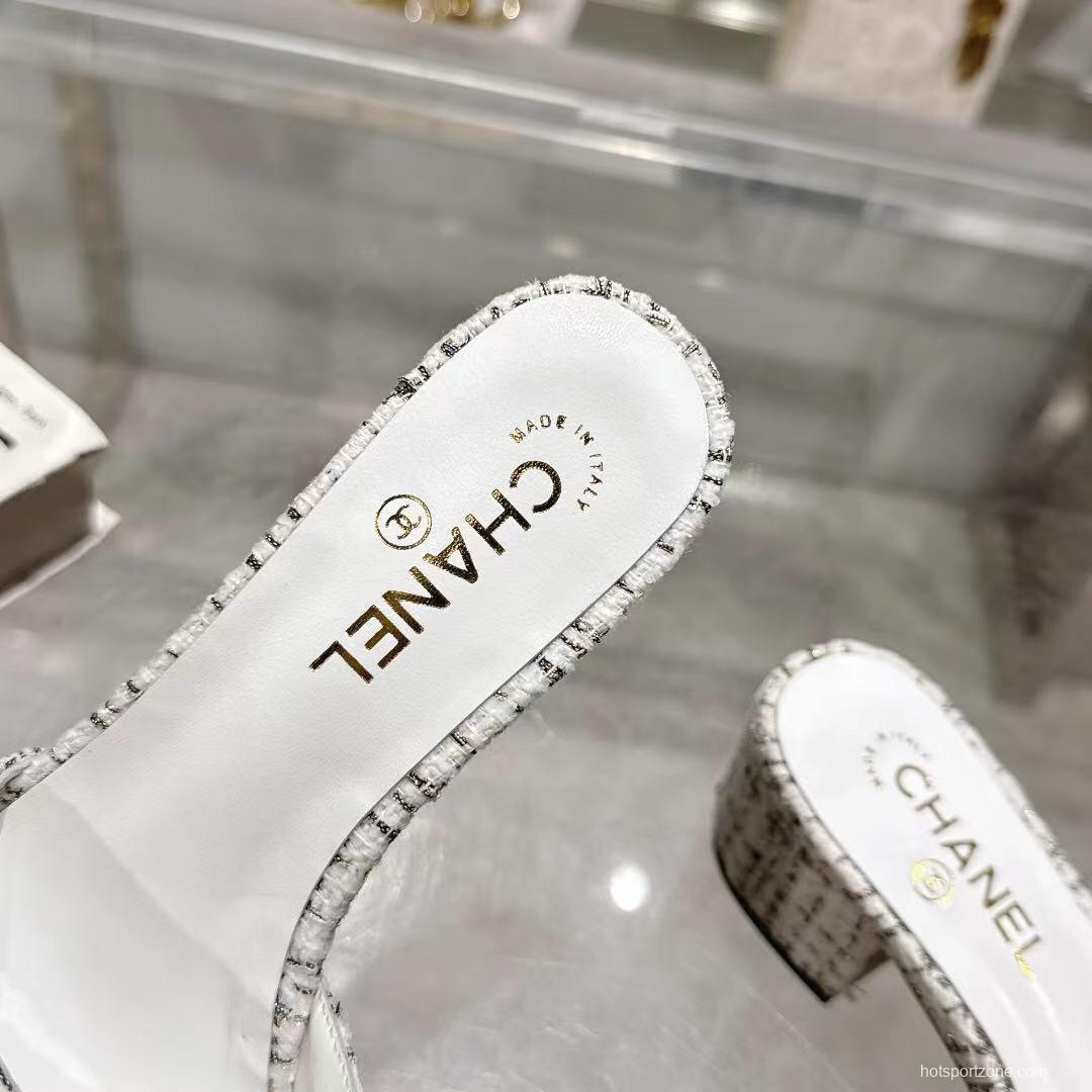 2025 Women Chanel White Black Tweed Slippers LY00280