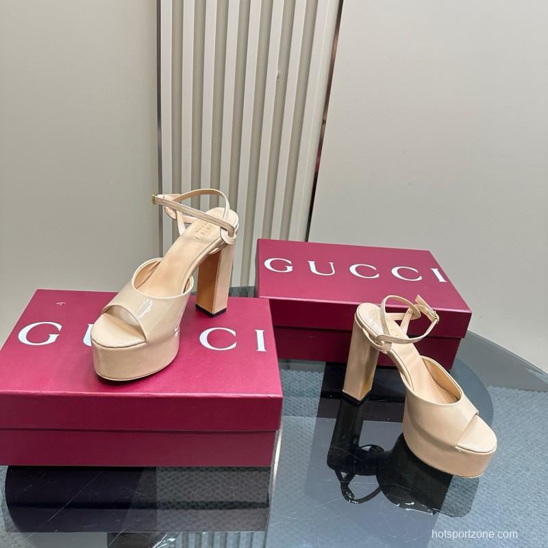 2025 Women Gucci Beige Patent Leather Platform Sandals MJ00340