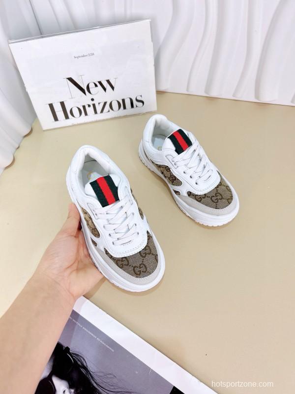 2024 Kids Gucci White Brown Cotton Leather Sneakers