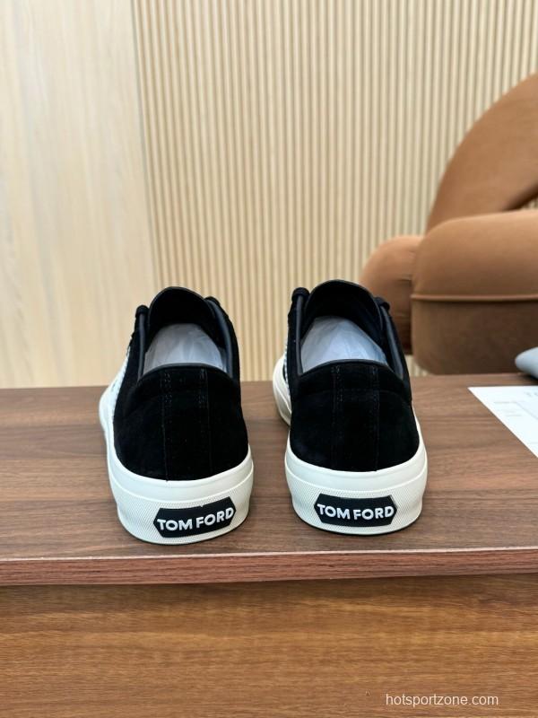 2025 Unisex TOM FORD Black White Suede Leather Sneakers