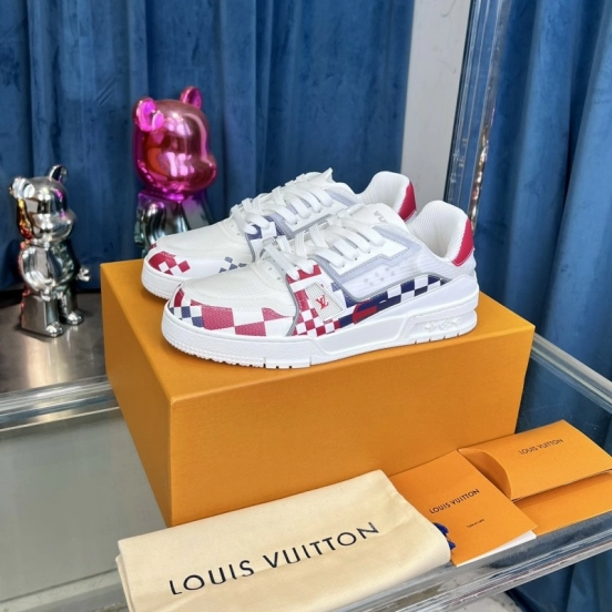2025 Unisex Louis Vuitton White Red Blue Leather LV Trainer