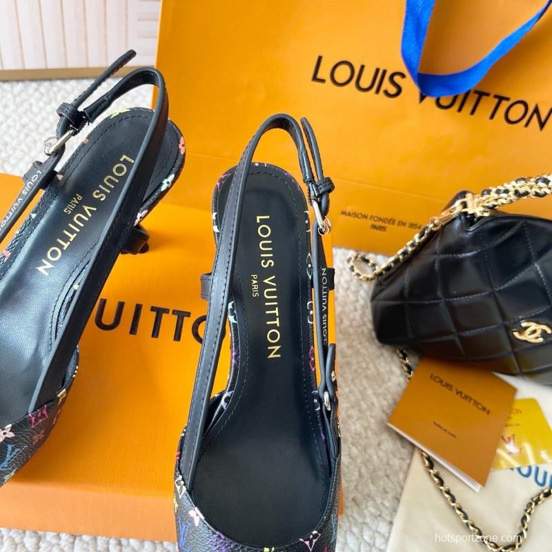 2025 Women Louis Vuitton Black Multicolor Canvas Leather Slingback Heels