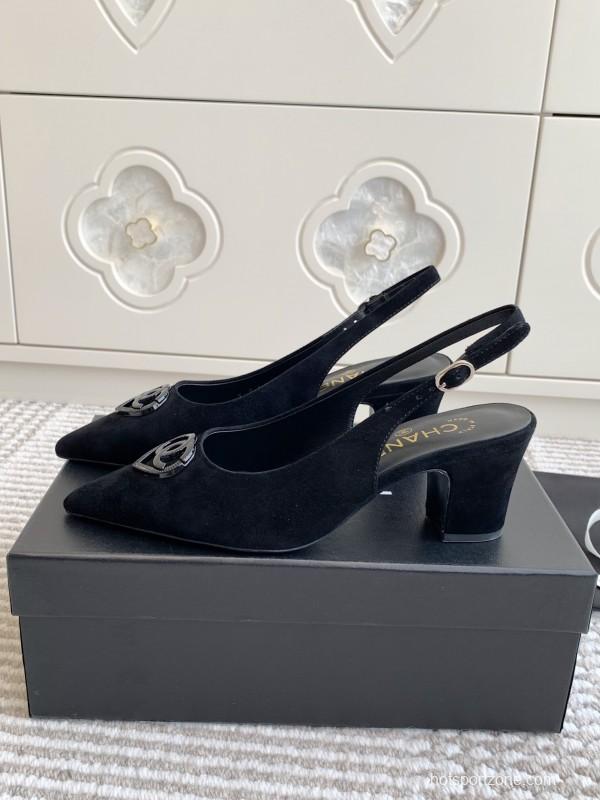 2025 Women Chanel Black Suede Slingback Heels CC Logo KFY00300