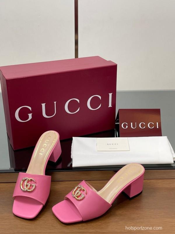 2025 Women Gucci Pink Lambskin Mid Heel Crystal GG Buckle Slide LY00280