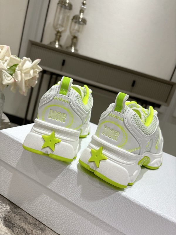 2025 Women Dior White Neon Yellow Mesh Leather Sneakers KFY00370