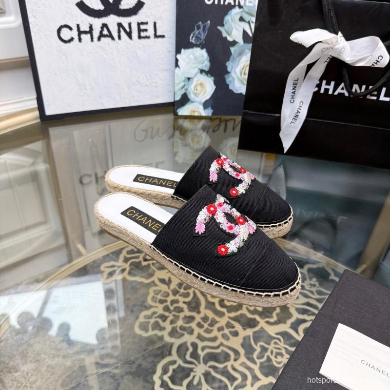 2025 Women Chanel Black Canvas Espadrille Sequins Mule