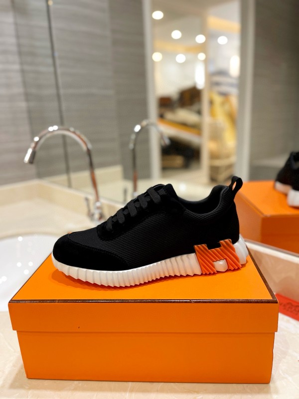 2024 Unisex Hermès Black Imported Silk Glazed Calf Suede Synthetic Fabric Sneakers MJ00320