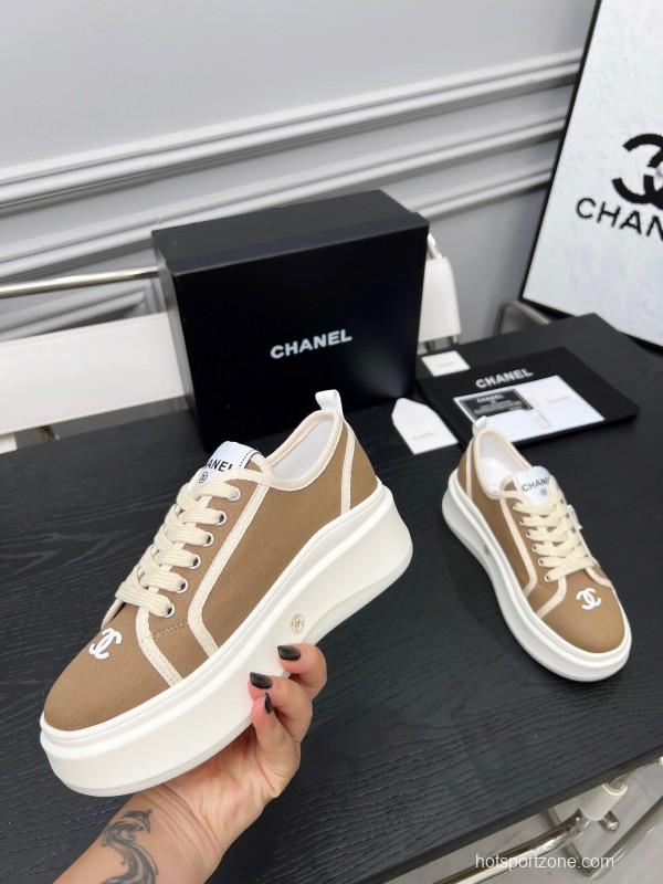 2025 Women Chanel Beige Canvas Leather Sneakers Collaboration LY00250