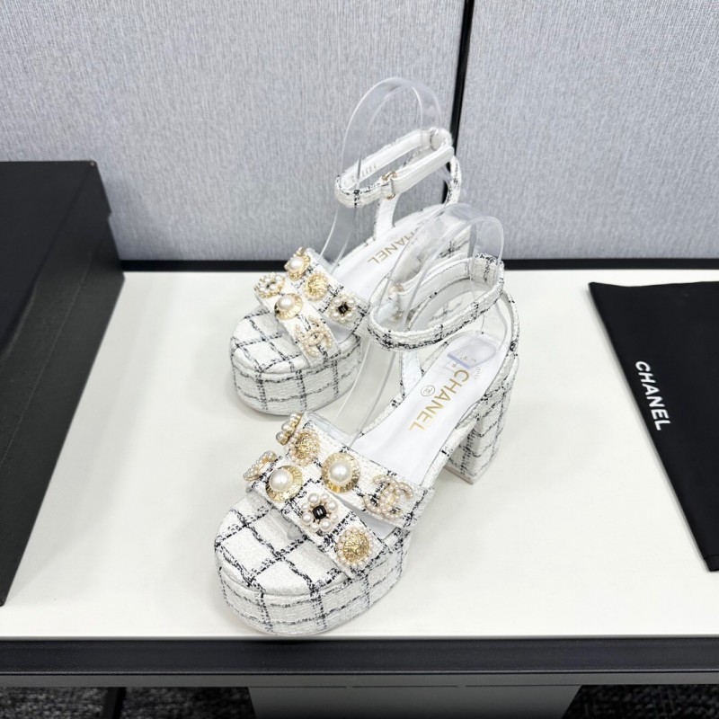 2025 Women Chanel White Black Fabric Platform Sandals Pearl Embellishment