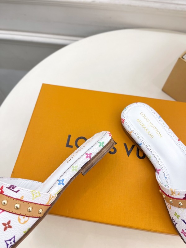 2025 Women Louis Vuitton White Multicolor Leather Slippers KFY00290