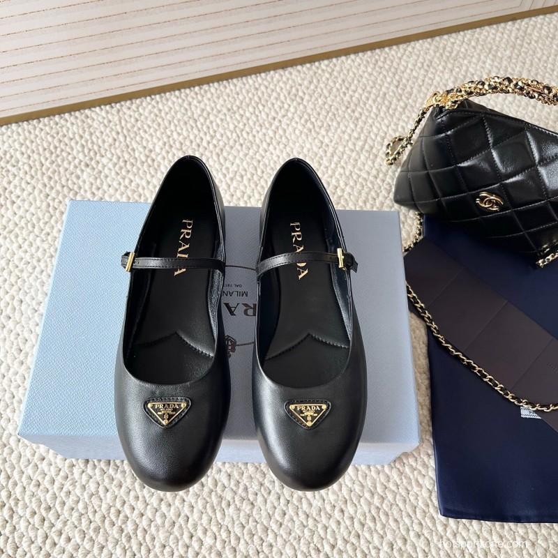 2025 Women Prada Black Leather Mary Jane Flat