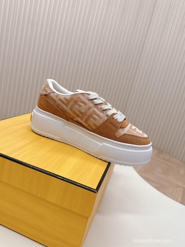 2025 Women Fendi Brown Leather Fabric Sneakers LY00340