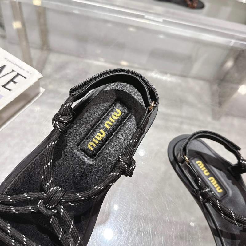2025 Women Miu Miu Black Leather Rope Sandals