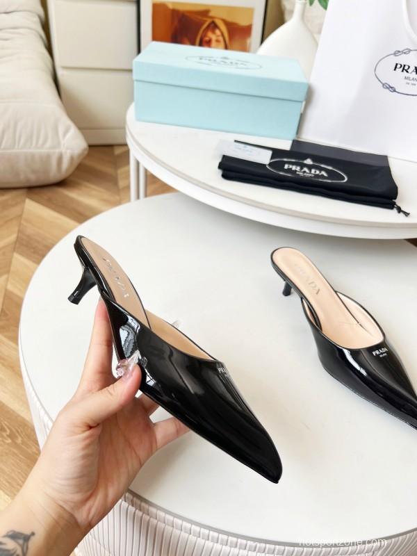 2025 Women Prada Black Patent Leather Heeled Slippers LY