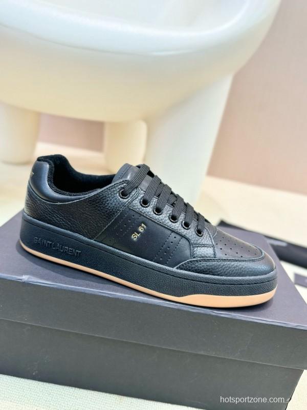 2024 Unisex Yves Saint Laurent Black Silk Grain Leather SL61 Casual Series Perforated MJ00350