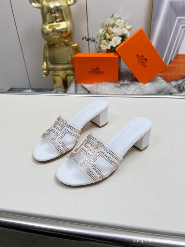 2025 Hermès White Leather Slippers H Pattern MJ00180