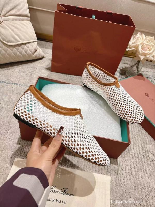 2025 Women LP White Brown Leather Mesh Ballet Flats