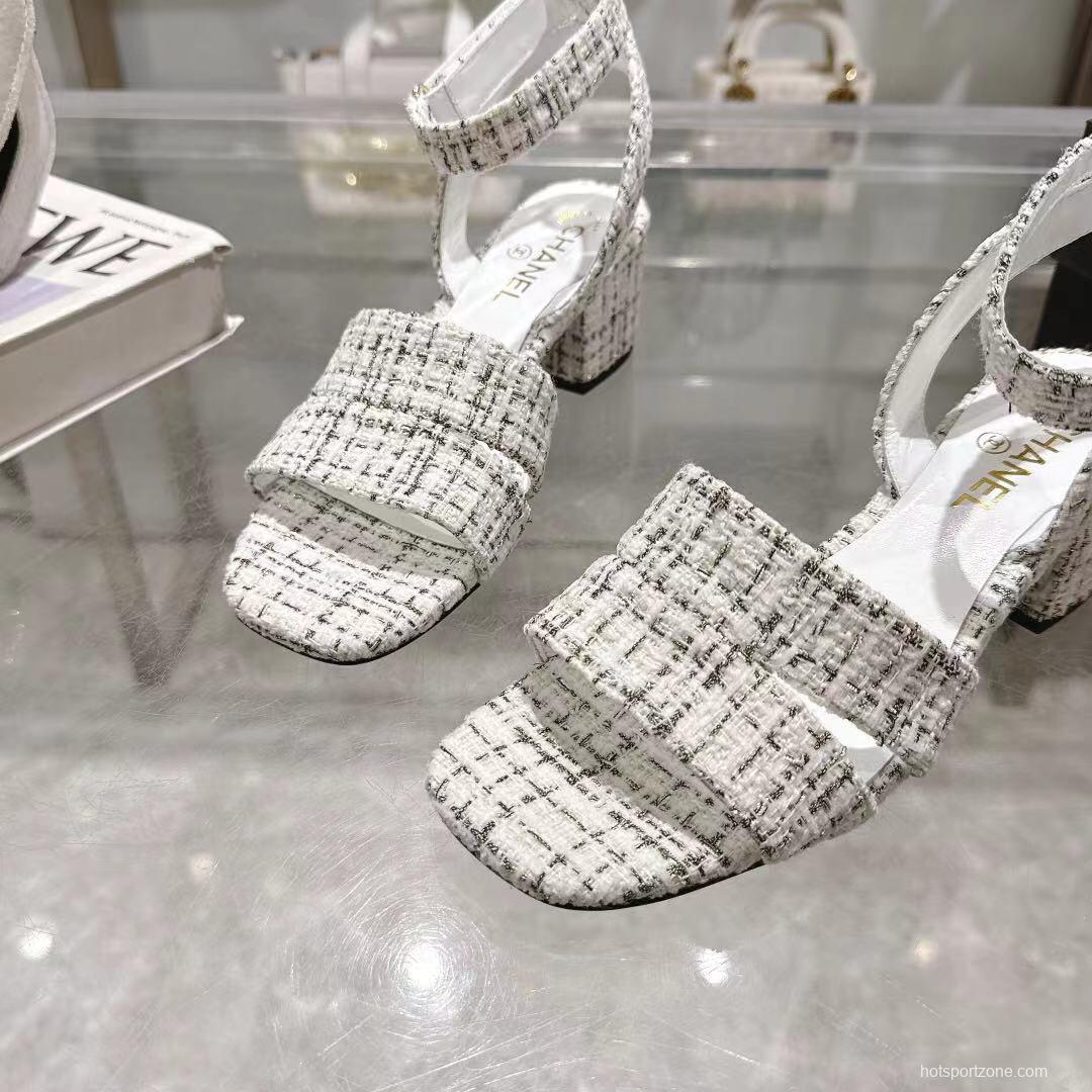 2025 Women Chanel White Black Tweed Leather Sandals LY00280