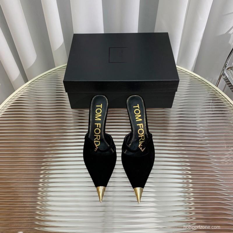 2025 Women TOM FORD Black Suede Leather Pointed Toe Metal Tip Mules
