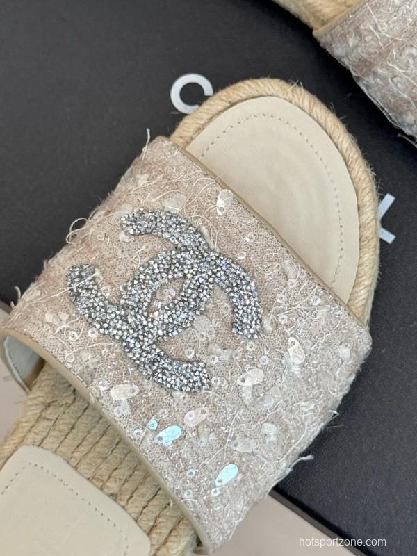 2025/Women Chanel White Lace Espadrille Slides With Sequined CC Logo KFY00240(F)