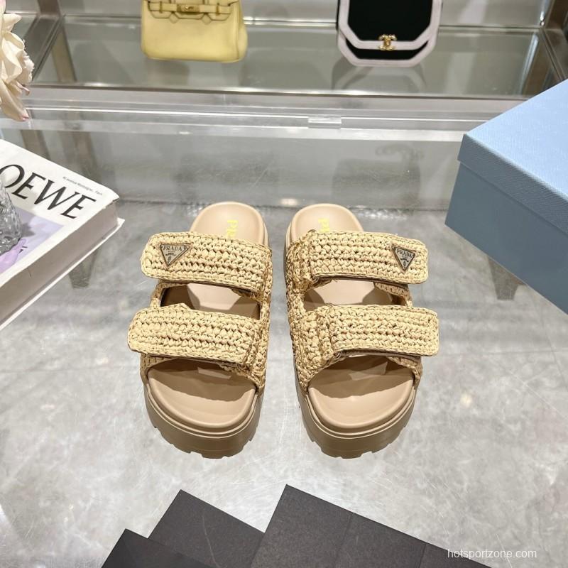 2025 Women Prada Beige Woven Leather Slippers LY