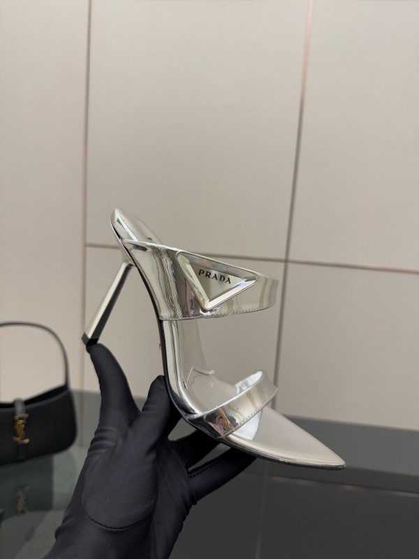 2025 Women Prada Silver Leather Pointed Toe Sandals