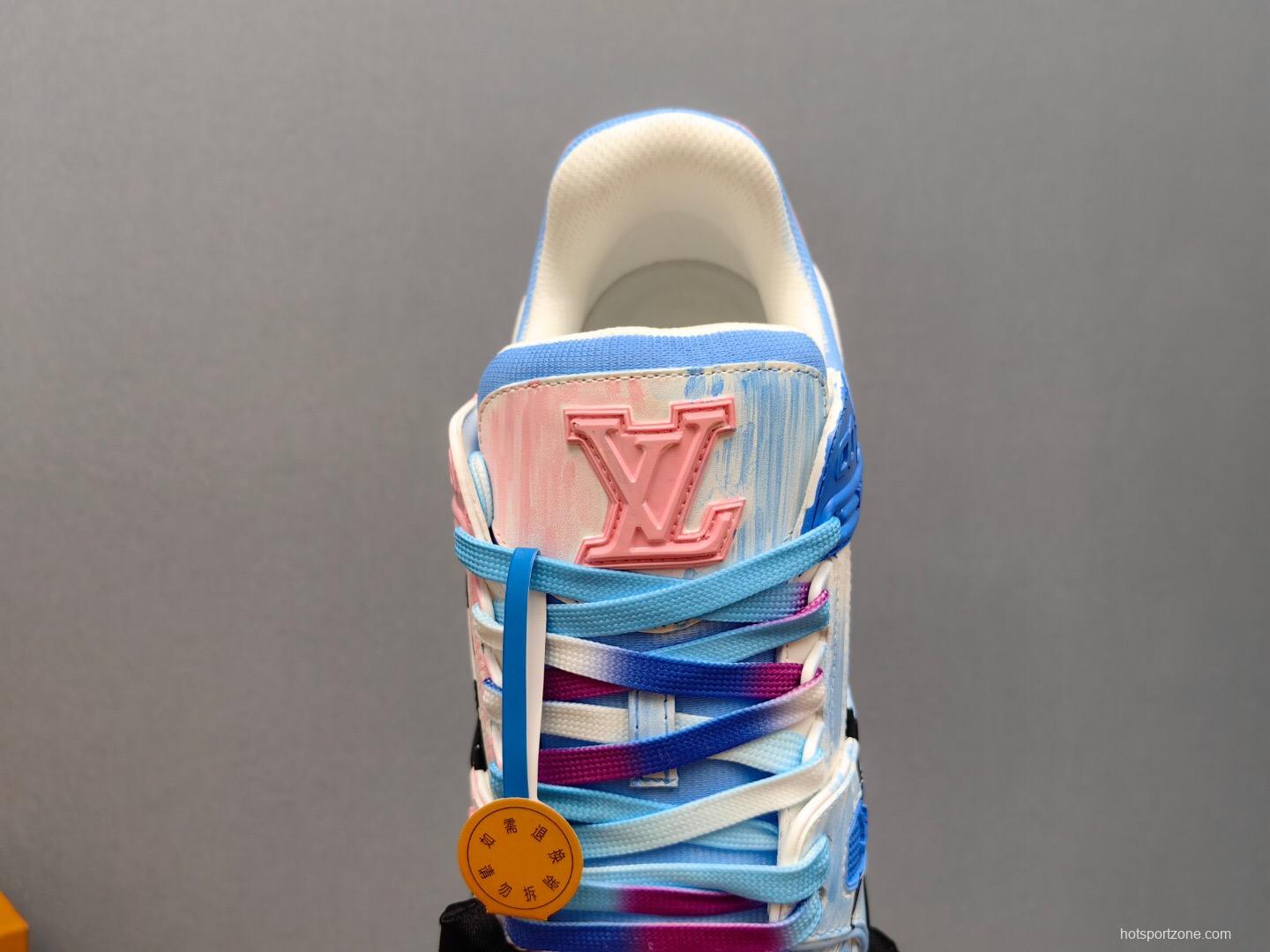 2025 Unisex Louis Vuitton Pink Blue Leather Canvas Plimsolls Hand Painted KFY00620