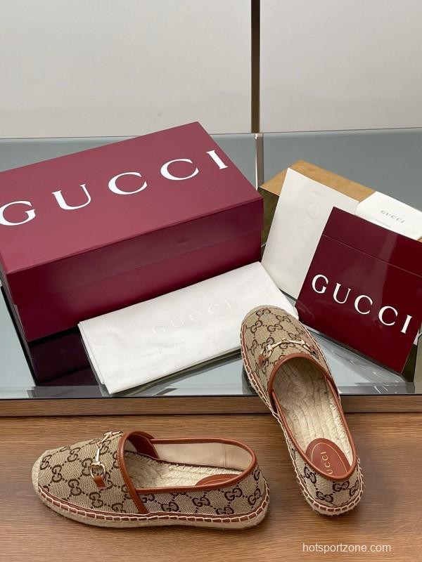 2025 Women Gucci Brown Canvas Leather Loafers Horsebit LY00200