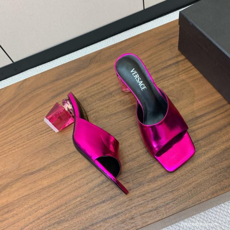 2025 Women VERSACE Pink Leather Slippers