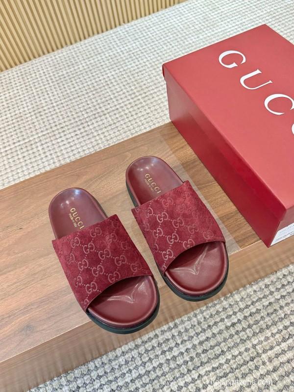 2025 Women Gucci Red Suede Leather Slippers