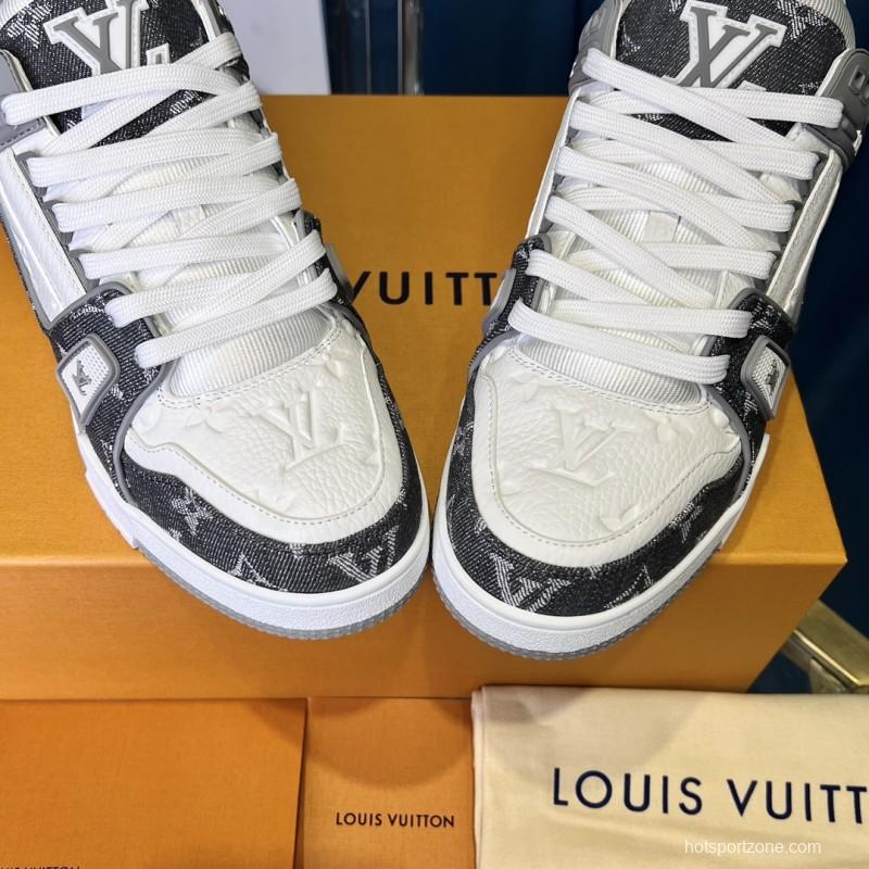 2025 Unisex Louis Vuitton Grey White Canvas Leather Sneakers