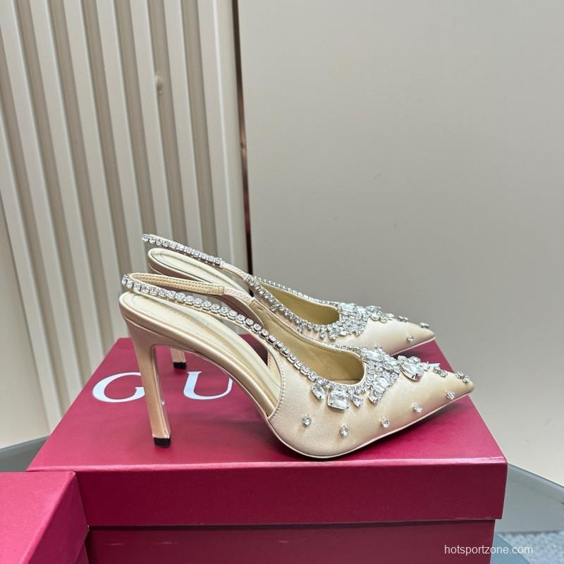 2025 Women Gucci Beige Silk Crystal Embellished Slingback Heels MJ00340
