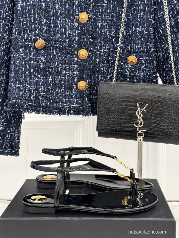 2025 Women Yves Saint Laurent Black Patent Leather Thong Sandals