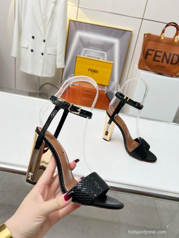 2025 Women Fendi Black Leather High Heel Sandals MJ00251