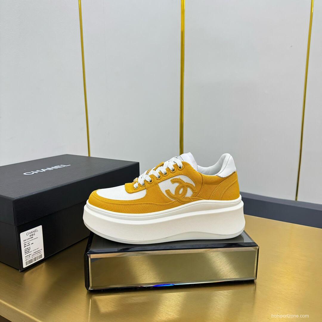 2025 Women Chanel Yellow White Canvas Leather Platform Sneakers